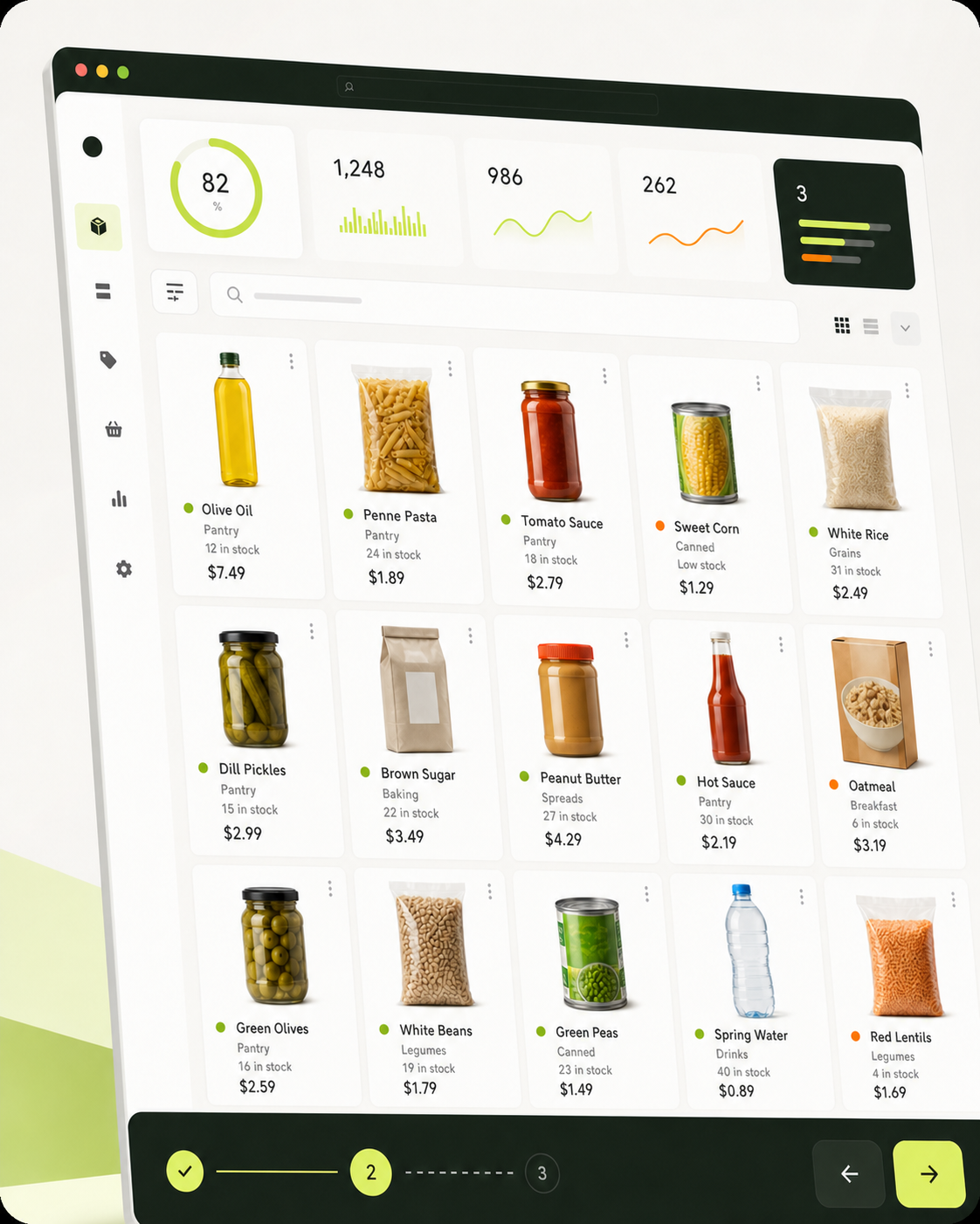 Realistic catalog dashboard with product photography, inventory information, and verification metrics