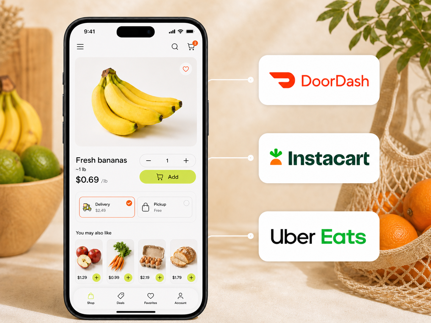 Online store product connected to DoorDash, Instacart, and Uber Eats