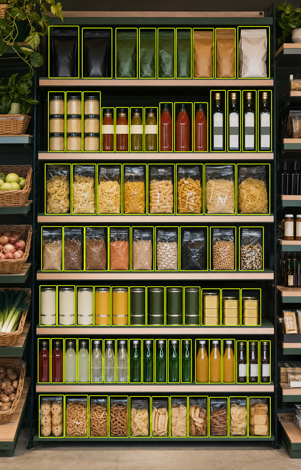 Grocery shelf with product detection boxes