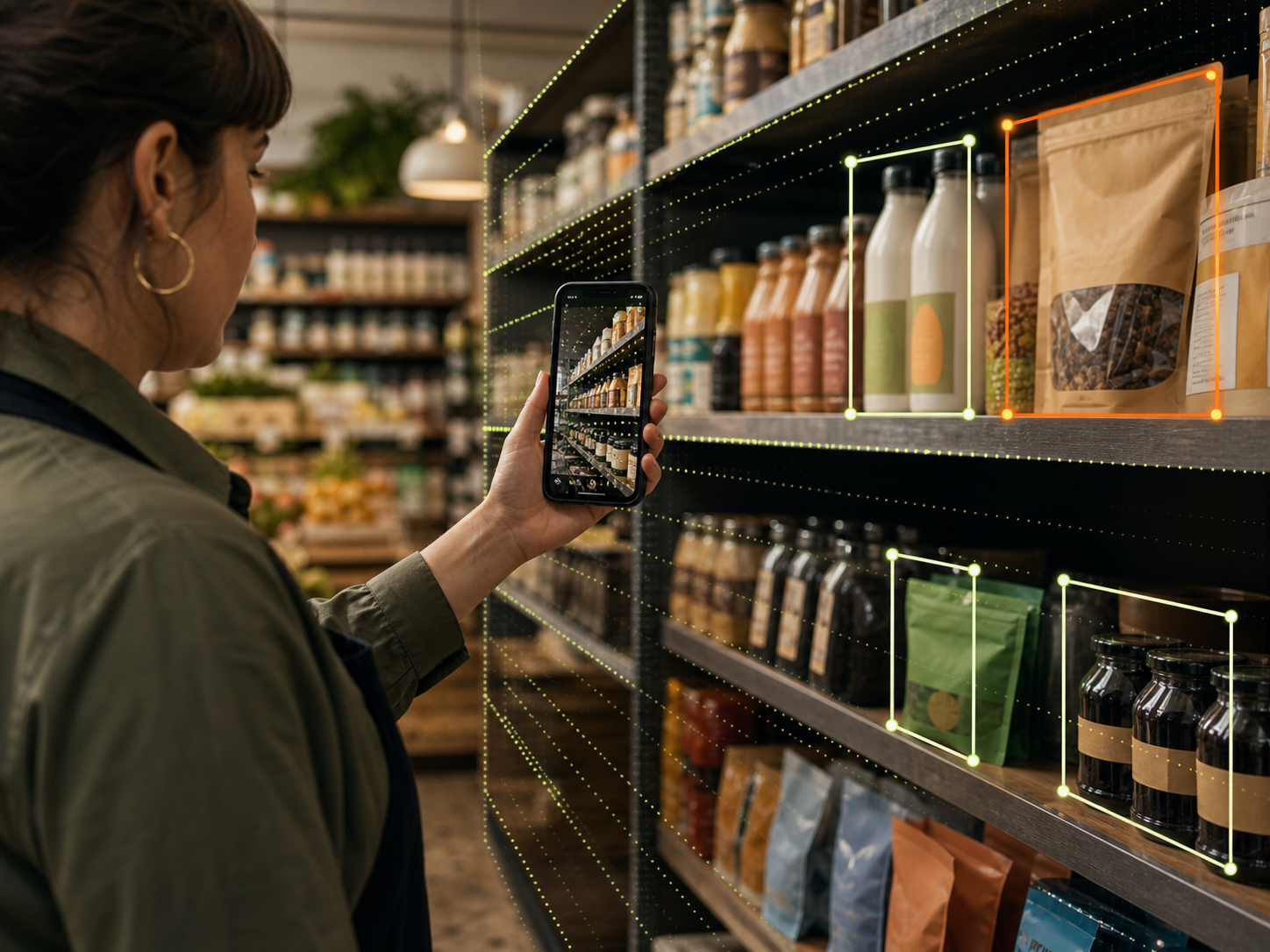 Store operator capturing a grocery shelf with product detection and spatial mapping