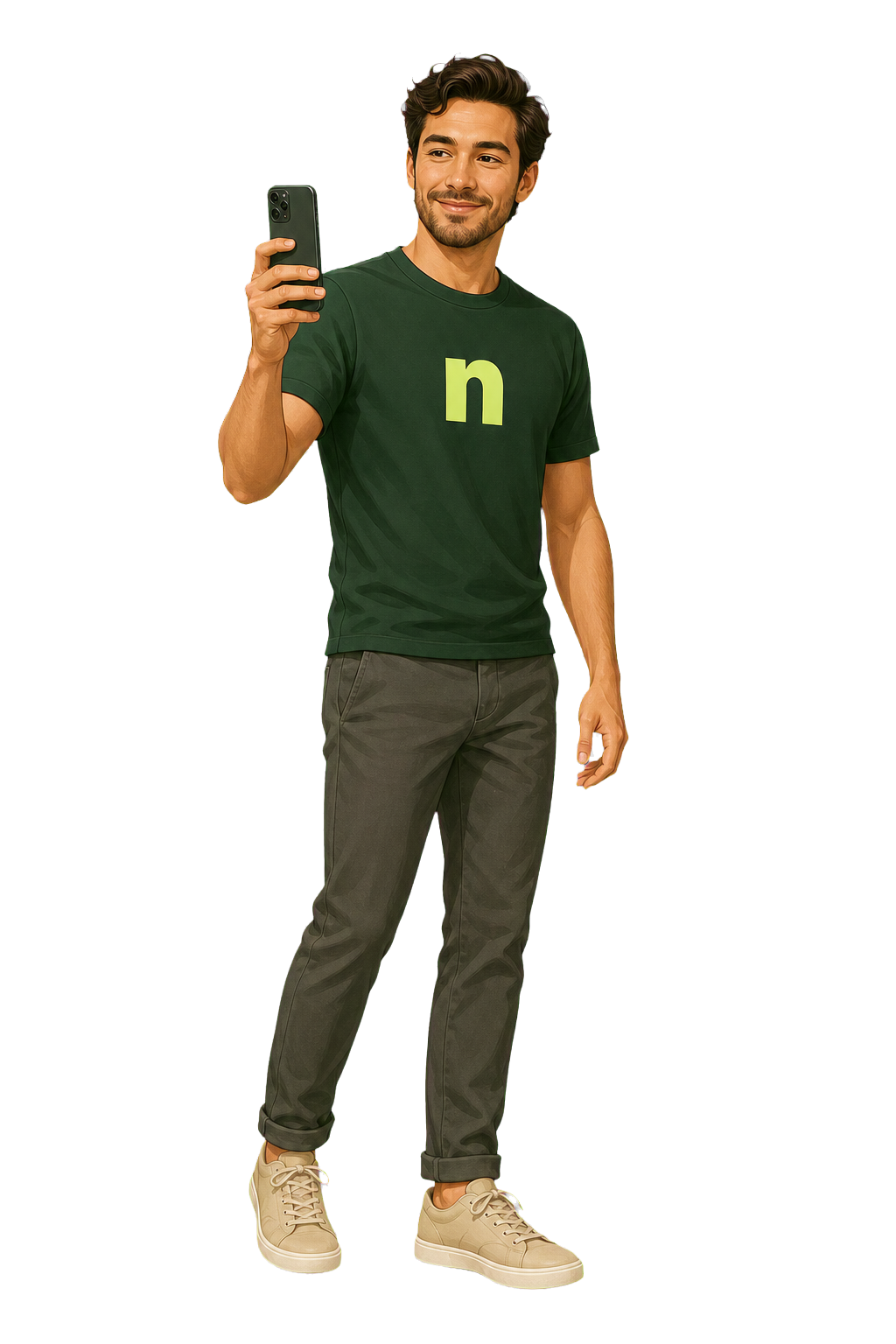 Friendly Nearby representative holding a phone and wearing a Nearby shirt