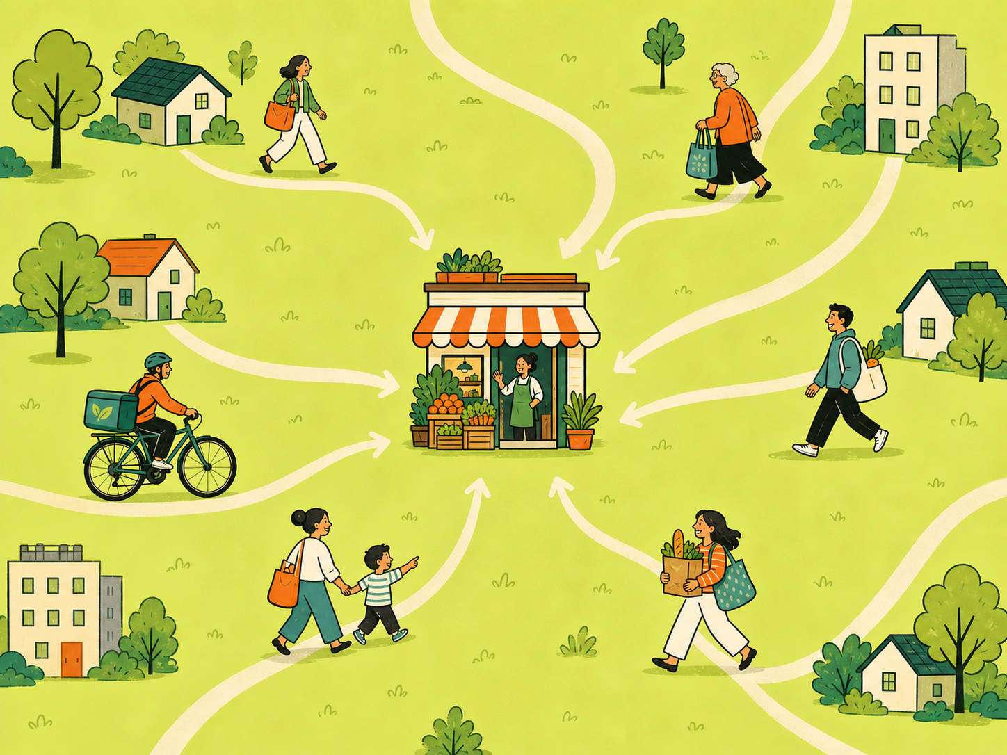 Neighborhood map with customers following routes toward a local store and its owner